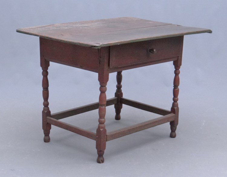 18th c. Tavern Table: 18th c. tavern table having single drawer and stretcher base. 41" x 28 1/2" x 29".