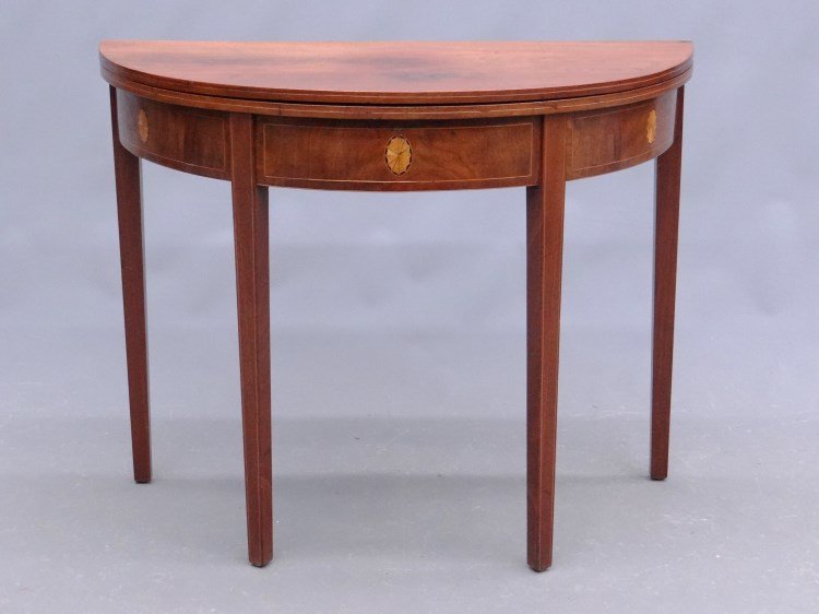 19th c. Federal Card Table: 19th c. Federal inlaid Hepplewhite demilune card table having string and patria inlay. 36" W, 17 1/2" D, 29" Ht.