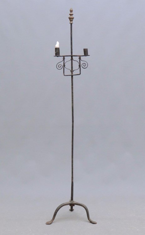 Lighting Device: Wrought iron floor standard double candle lighting device with tripod base. 47" Ht.