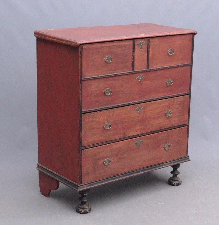 18th c. William & Mary Blanket Chest: 18th c. William & Mary blanket chest, two drawers, red and black highlighted surface. 37" W, 18" D, 41 1/2" Ht., turned ball front feet with back bracket base.