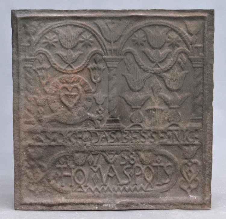 18th c. Fireback: 18th c. cast iron fireback marked and dated "1758 HOMASPOTS". 23 1/2" x 24".