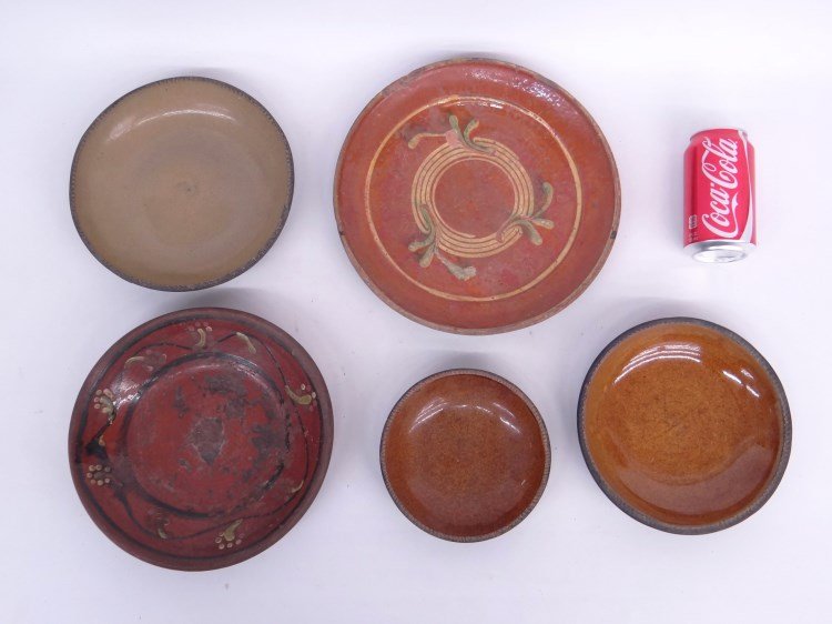 Redware Lot: Lot five various redware and pottery plates. 6" to 10" diameter, imperfections.