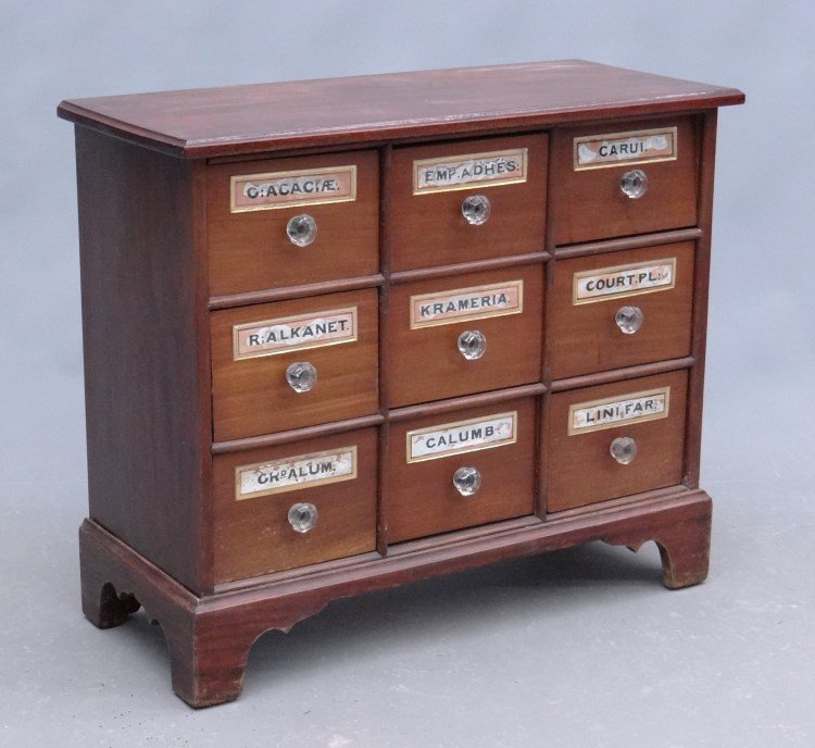 Apothecary Chest: 19th c. nine drawer apothecary cabinet. 29" x 13" x 24 1/2".