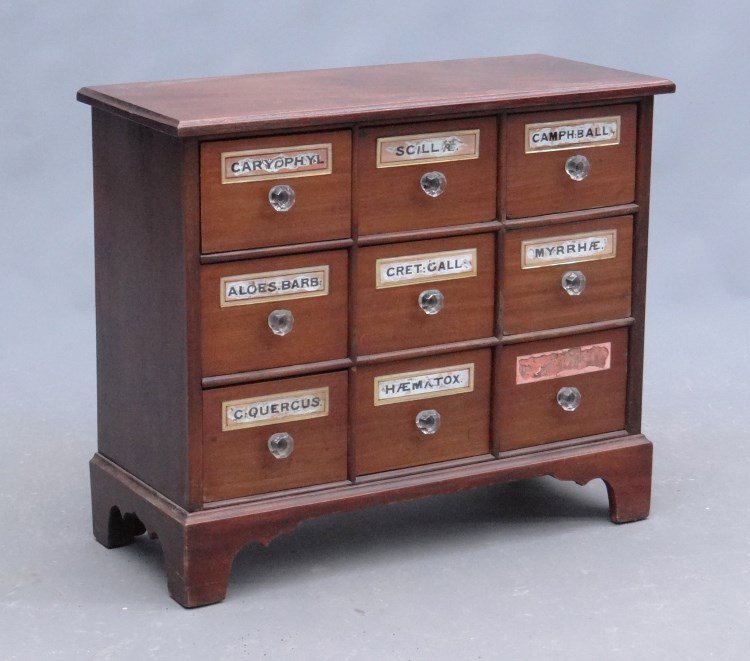 Apothecary Chest: 19th c. nine drawer apothecary cabinet. 29" x 13" x 24 1/2".