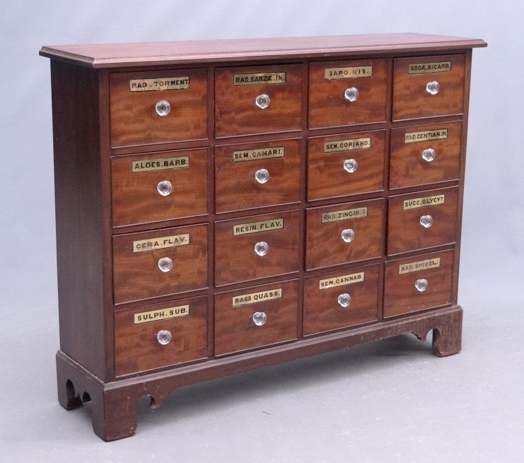 Apothecary Chest: 19th c. 16 drawer apothecary cabinet. 46" x 12" x 36".