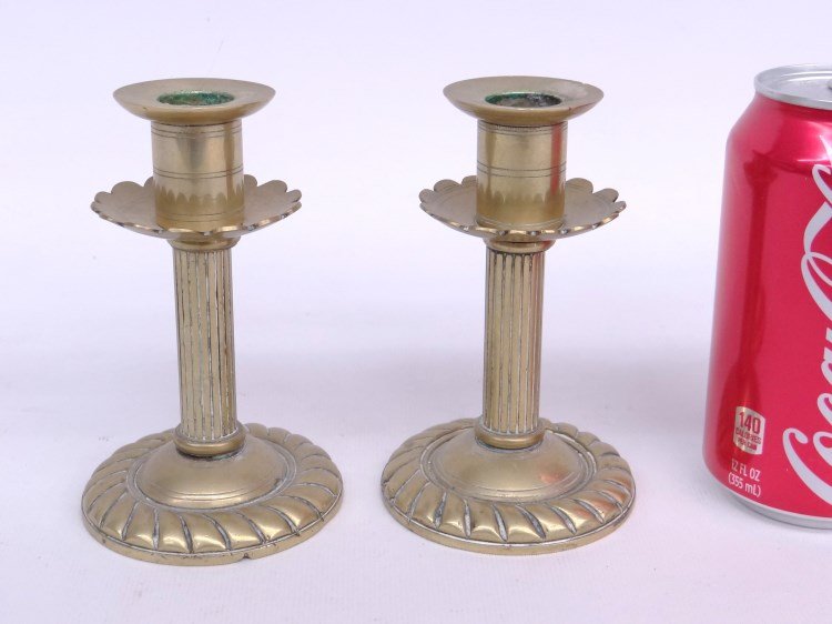 Pair 18th c. Brass Candlesticks: Pair 18th c. Queen Anne brass gadrooned base mid-drip candlesticks. 4 3/4" Ht.