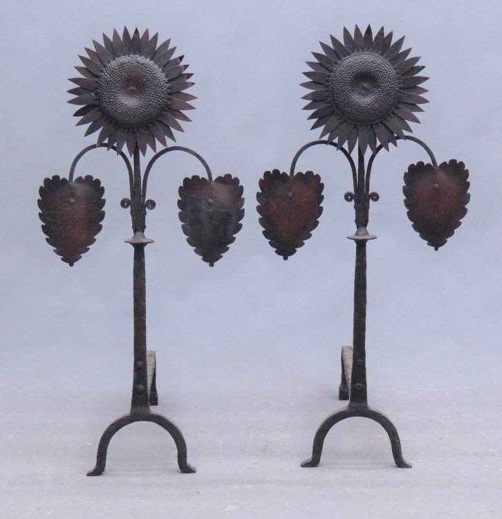 Pair Sunflower Andirons: Pair blacksmith made iron sunflower andirons. 37" Ht., 22" D.