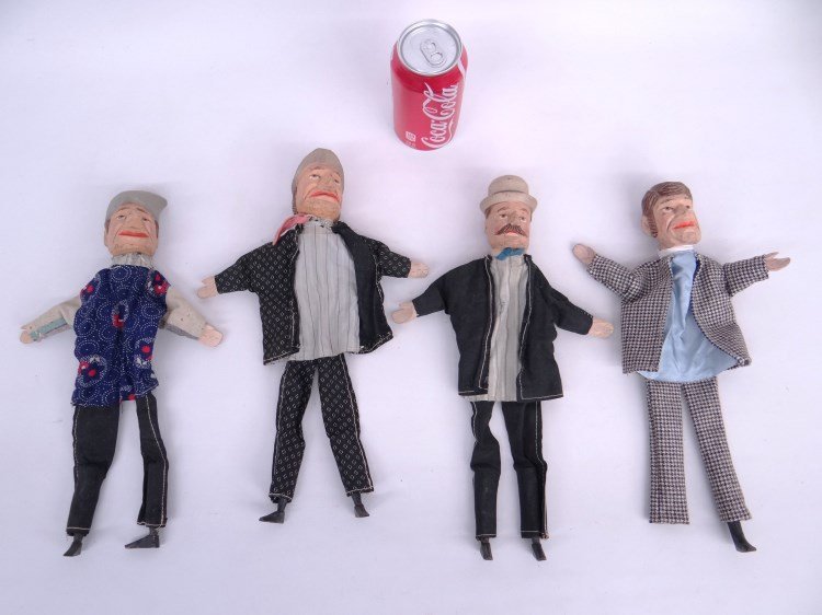 Puppet Lot: Lot four polychrome painted wood and cloth puppets. 13" Ht.