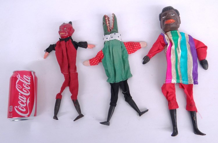 Puppet Lot: Lot three polychrome painted wood and cloth puppets. 10" to 13" Ht.