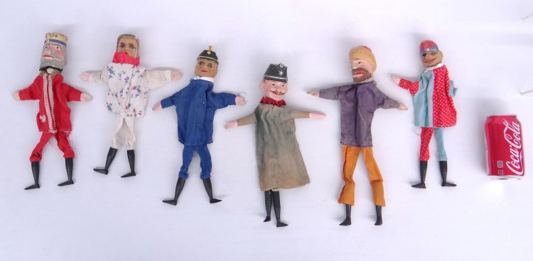 Puppet Lot: Lot six polychrome painted wood and cloth puppets. 11" to 14" Ht.