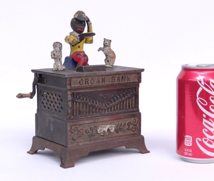 Mechanical Bank: Mechanical bank "Organ Bank" pat. Stevens Co. June 13, 1882. Base 5 3/8" x 3 7/8" x 7" Ht.