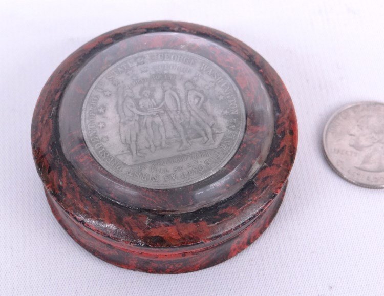 Snuff Box "Federal Hall NY": Scarce c. 1830 - 1840 papier mache and coin silver snuff box having George Washington "Federal Hall NY" token on lid. 2 1/4" Dia.