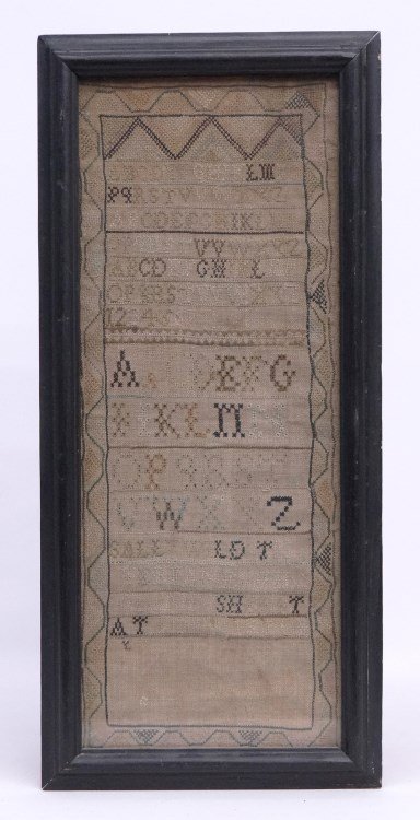 19th c. Needlework Sampler: 19th c. needlework sampler marked with alphabet and name "Sally Wild....". Sight 19 1/2" x 7 1/2".