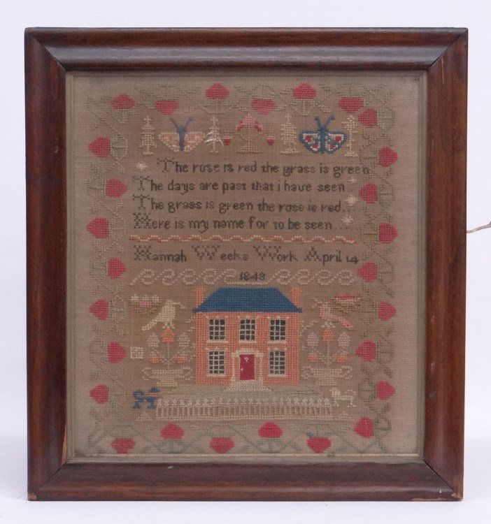 19th c. Needlework Sampler: 19th c. needlework sampler "Hannah Weeks Work April 14 1848". Sight 14" x 13".