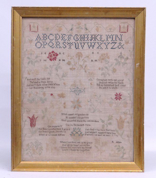 19th c. Needlework Sampler: 19th c. needlework sampler with alphabet, initials, verses and name R. Allen". Sight 20 1/2" x 16".