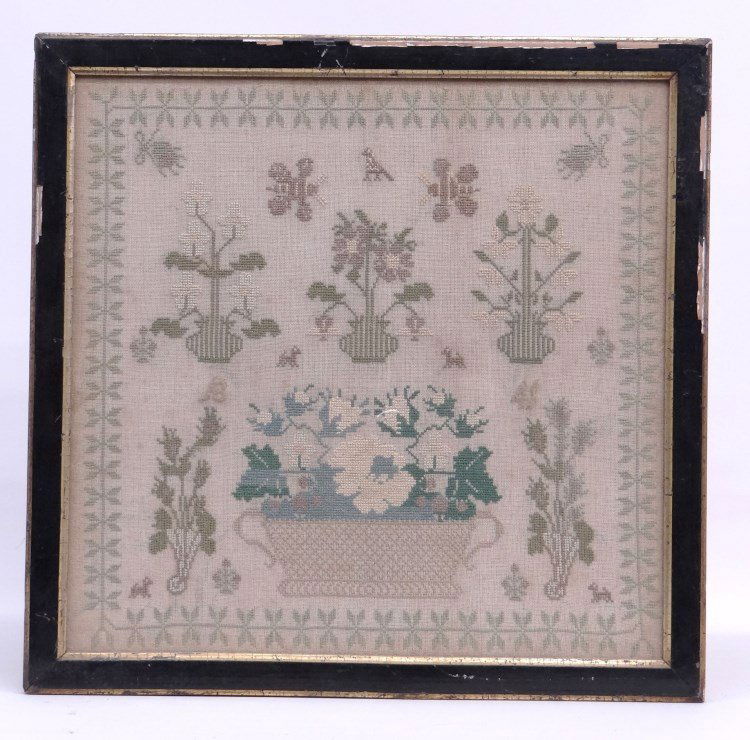19th c. Needlework Sampler: 19th c. needlework sampler with basket of flowers, animals etc., sight 16 1/2" x 16 1/2".
