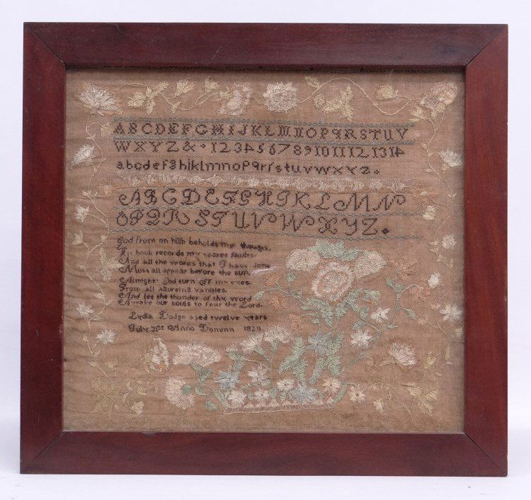 19th c. Needlework Sampler: 19th c. needlework sampler "Lydia Dodge aged twelve years July 31st Anno Domini 1820". Sight 15 1/4"x 16 3/4".