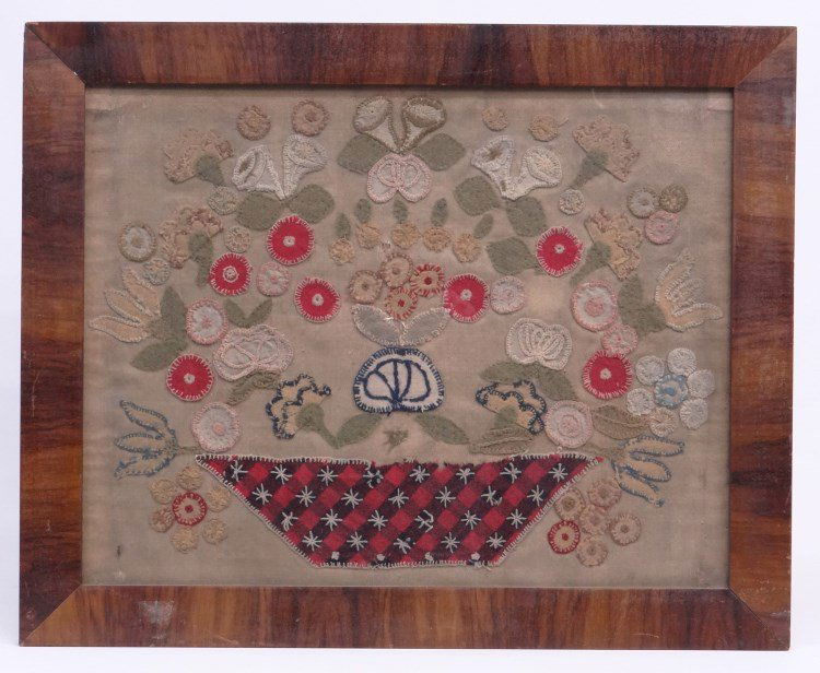 19th c. Needlework: 19th c. wool floral needlework. Sight 18 1/2" x 24".