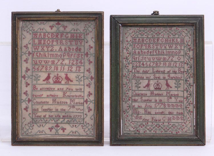 Pair Needlework Samplers: Pair 18th c. needlework samplers marked "Charlotte Hudson...", dated 1777 and 1778. Sights 8 1/2" x 5 1/2" and 8" x 5 1/4". Also marked "Elizabeth Hilt accept this from your friend..".