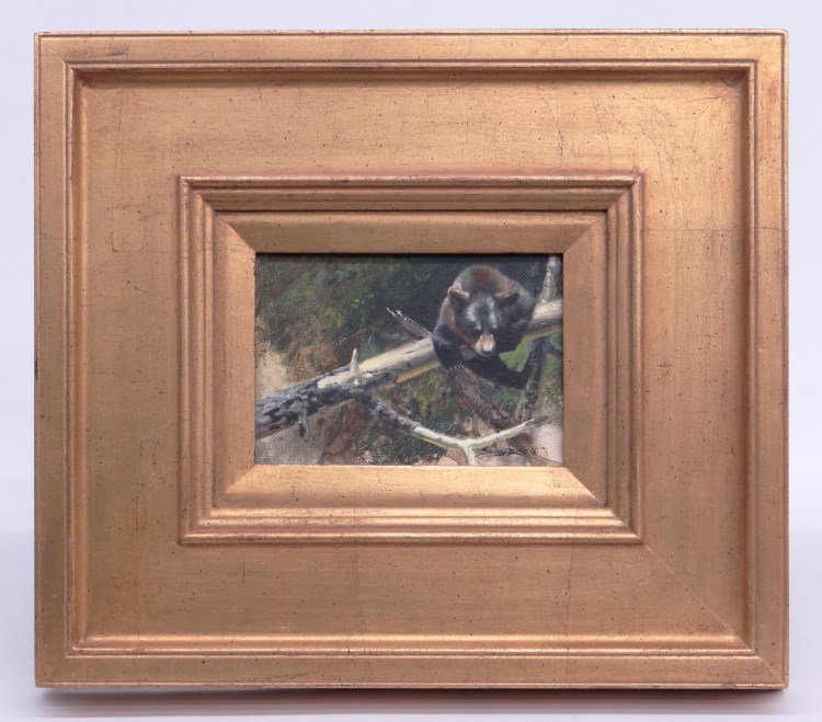 Painting John Seerey-Lester: Painting, oil on artist board. John Seerey-Lester (b. 1946). "Hanging in there - Black Bear Cub". 5" x 7".