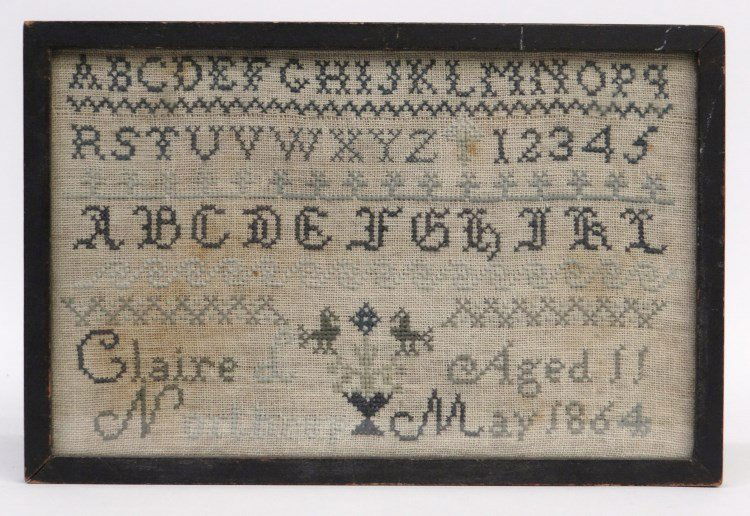 19th c. Needlework Sampler: 19th c. needlework sampler "...Claire..Northrup Aged 11 May 1864". Sight 5 1/2" x 9 1/4".