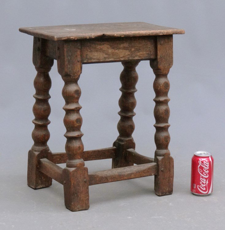 Joint Stool: Early joint stool with turned legs. 17" x 9" x 19".