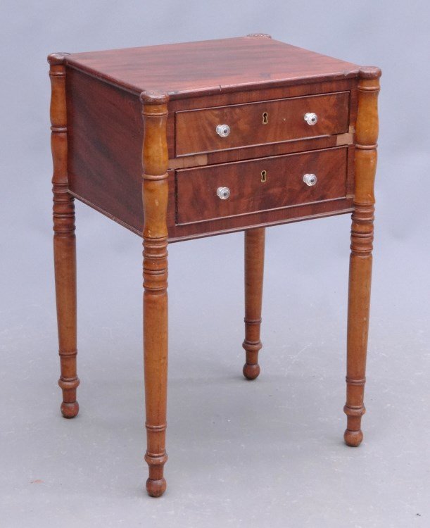 19th c. Sheraton Work Stand: 19th c. Sheraton two drawer work stand with cookie corner top and diminutive Sandwich glass pulls. 18" W, 16" D, 27 1/2" Ht.