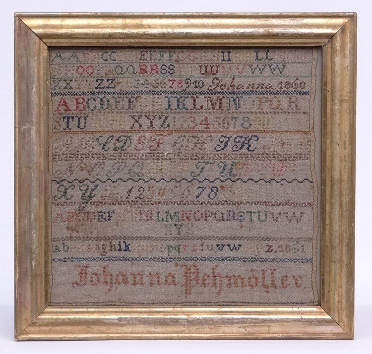 19th c. Needlework Sampler: Sampler marked 1860/1861. Sight 11 1/2" x 12".