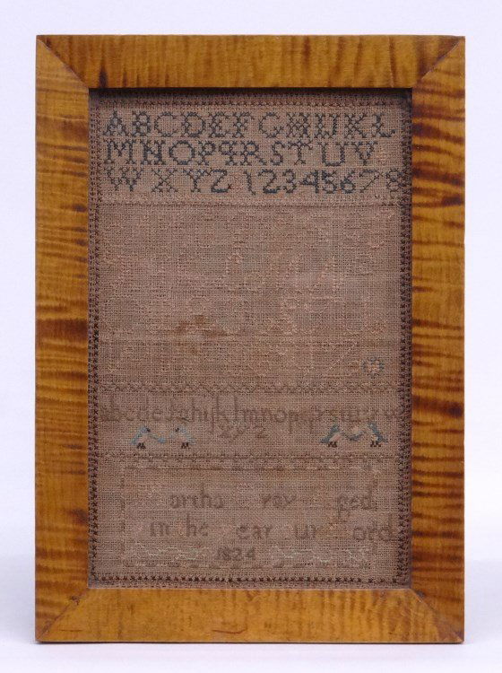 19th c. Needlework Sampler: Sampler marked 1824 in tiger maple frame. Sight 12" x 7 3/4".