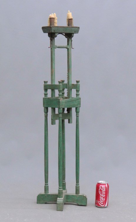 Lighting Device: Primitive painted wooden floor standard lighting device with double candleholder. 37" Ht.