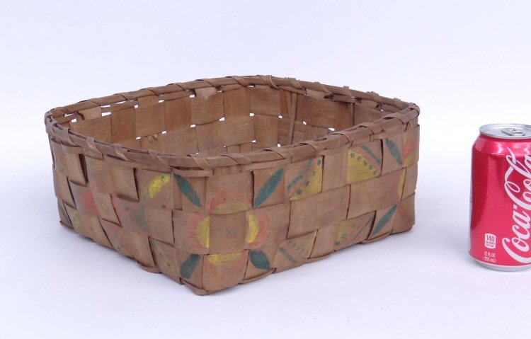 Indian Basket: Indian basket, probably northern woodlands, decorated with green, yellow and red. 12" x 12 1/2" x 5" Ht.