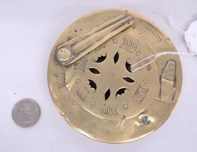 19th c. Chamberstick Marked "Nathaniel Hawthorne": 19th c. brass chase decorated pocket chamberstick marked underside "Nathaniel Hawthorne". 4" diameter.