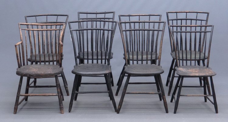 Set Of 19th c. Birdcage Windsor Chairs: Set of eight assembeled 19th c. birdcage Windsor chairs in black paint.