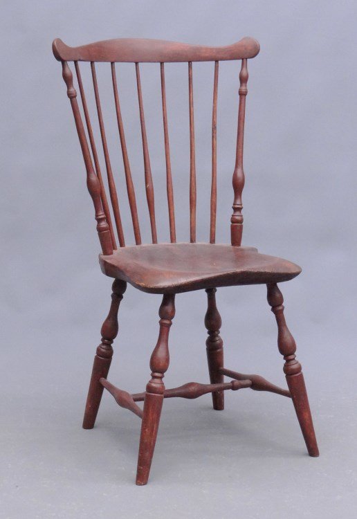 18th c. Windsor Chair Signed Tracy: 18th c. seven spindle Windsor side chair stamped "EB Tracy" (Ebenezer Tracy Lisbon Ct. 1744-1803). 17 1/2" seat Ht., 35 1/2" overall Ht.