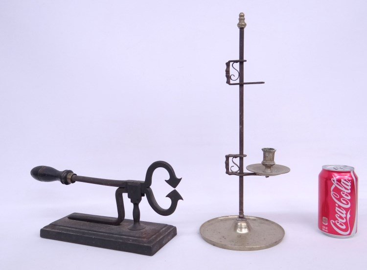 Misc. Lot: Misc. lot including early sugar nippers and early brass and iron lighting device. 16 1/2" Ht.