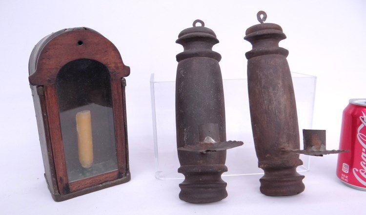 Lighting Lot: Lot including pair wood and tin sconces (10" Ht.), along with wood candle lamp with slide door, 9" Ht.