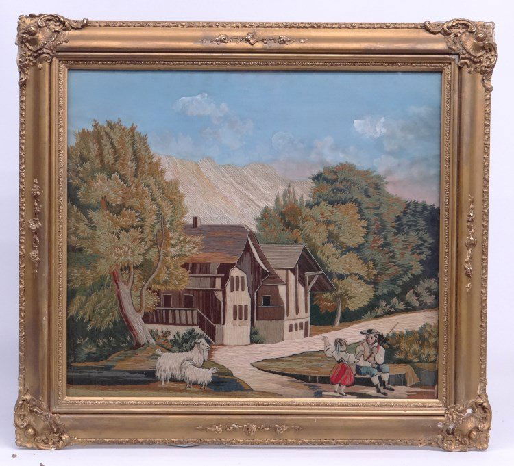 18th c. Needlework: 18th c. needlework and watercolor farmscape with animals and figures. Sight 20 1/4" x 23".