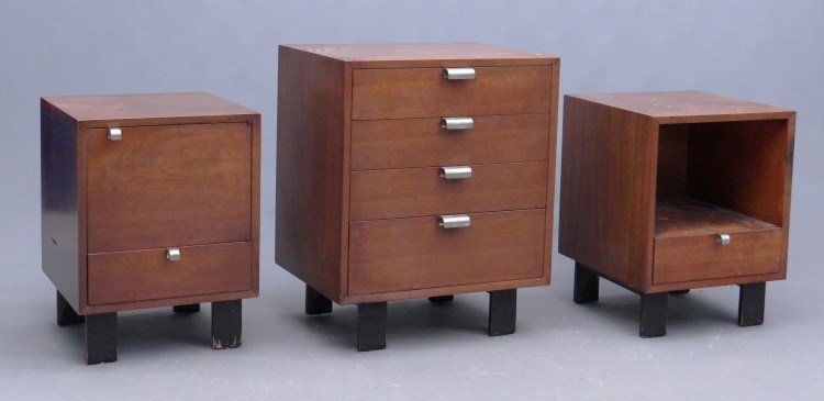 George Nelson, Herman Miller Side Tables: Lot three George Nelson, Herman Miller side tables No lables. Includes single door and drawer (18" x 18 1/2" x 24 1/2"), shelf with drawer (18" x 18 1/2" x 24"), and four drawer chest (24" x 18 1/2" x