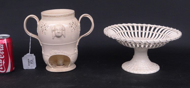 Creamware Dish and Candleholder: 19th c. creamware dish and candleholder, imperfections.