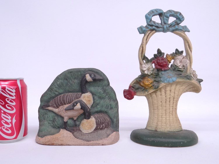 Doorstops: Lot including Geese doorstop. 6" x 6" and flower basket doorstop marked "John Wright....", " 6" x 10 1/2".