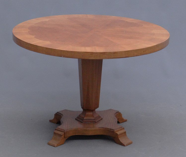 Biedermeier Style Table: Biedermeier style inlaid pedestal table. 33 1/2 diameter, 22 3/4" Ht."