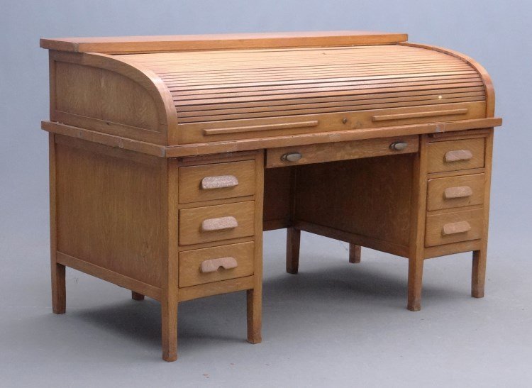 Oak Rolltop Desk: C. 1900's oak C" roll rolltop desk. 66" x 34" x 42 1/2"."