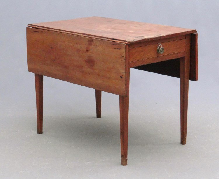 19th c. Breakfast Table: 19th c. Hepplewhite single drawer breakfast table. 35 1/2 L, 21 3/4" W, 28 1/2" H., 11 1/2" leaves."