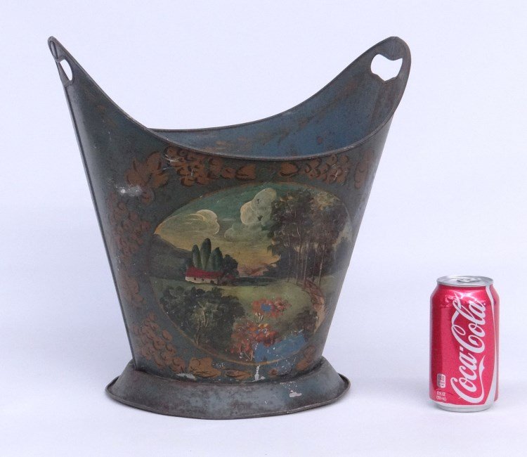 Coal Scuttle: French tole decorated coal scuttle with landscape painting.