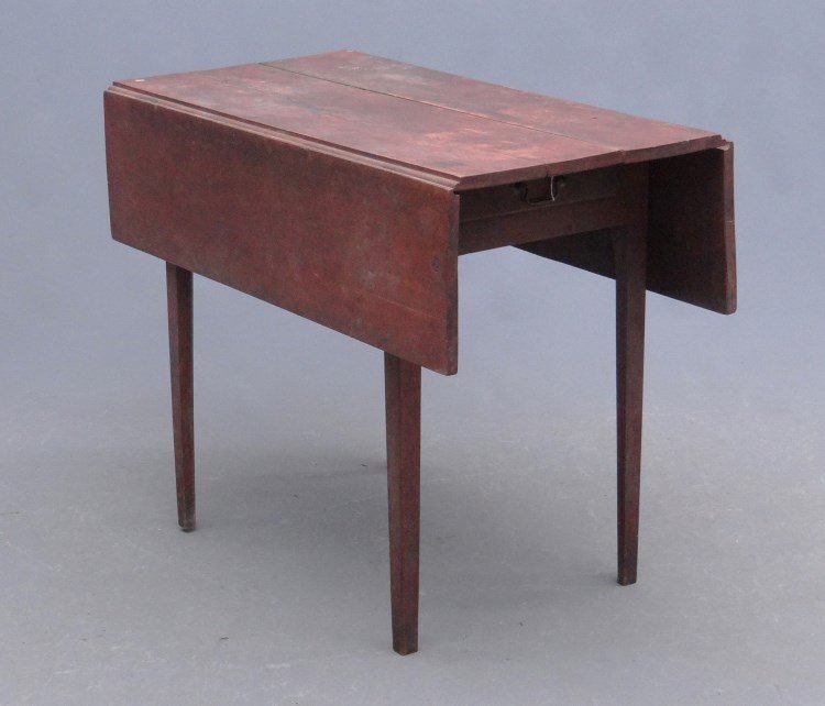 19th c. Stand: 19th c. Hepplewhite single drawer stand having tapered and chamfered legs. Top 36 x 17" with 9 3/4" leaves, 27 1/2" Ht."