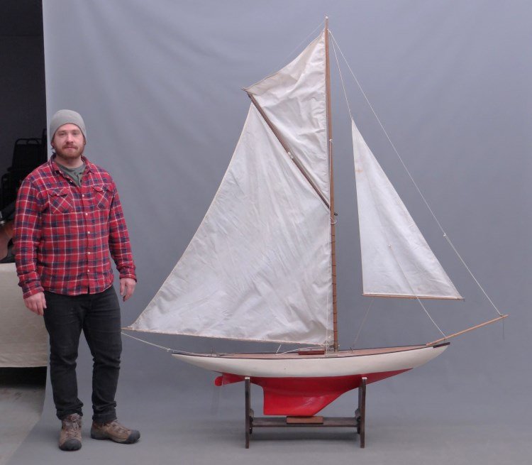 Pond Boat: Vintage pond boat with sails. 83 length, 89" Ht."