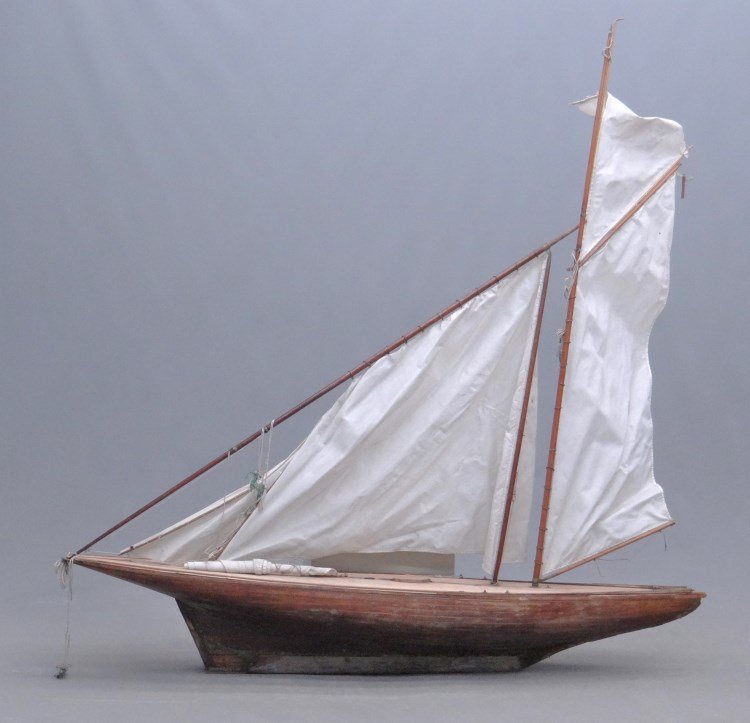 Pond Boat: Vintage pond boat with sails. 71 length, 76" Ht."