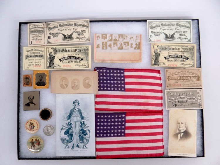Columbia Exposition Lot: Misc. lot including Columbia Exposition tickets (1893), two flags, Lewis & Clark Centennial Exposition pin, Leola Tribe pin, tintypes etc.