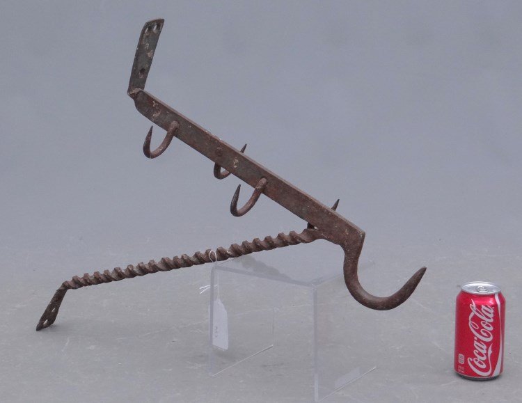 18th c. Forged Iron Meat Hook: 18th c. forged iron meat hook, wall mount. Ex: Sorber iron collection, Penna. 19 1/2 W, 20" D."