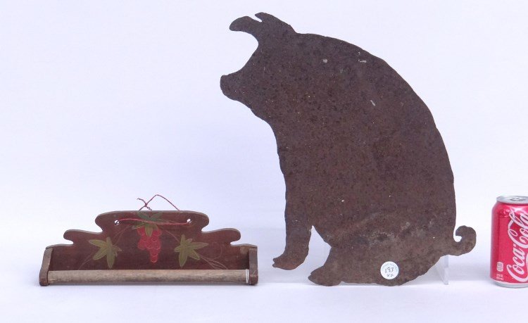 Misc. Lot: Misc. lot including towel bar with decoration (12 W), along with sheetmetal pig."